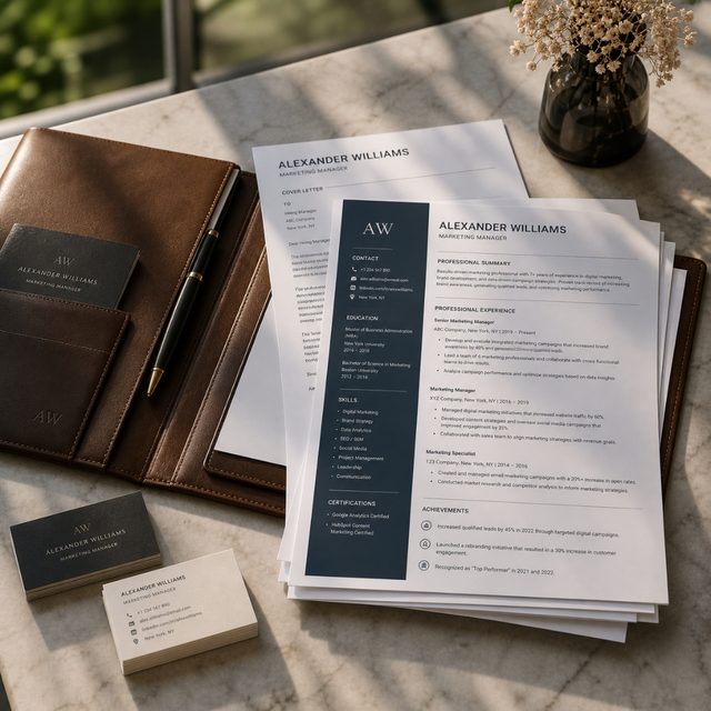 A leather portfolio open on a marble desk, a printed CV and a small monogrammed business card beside it